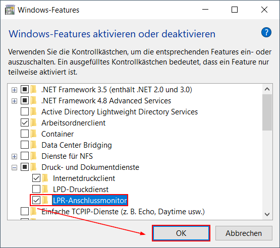 LPR-Dienst aktivieren unter Windows Features